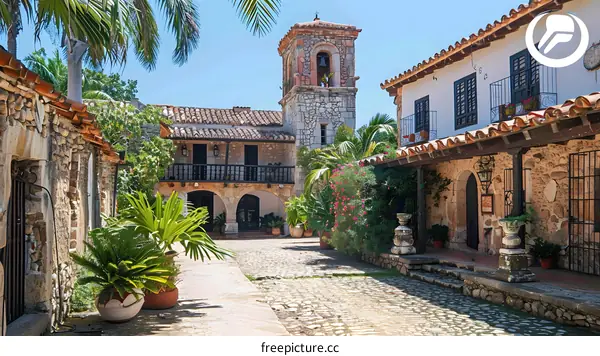 Courtyard of a colonial house with a bell tower