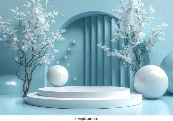 Minimalist Abstract Blue and White Background with Flowers