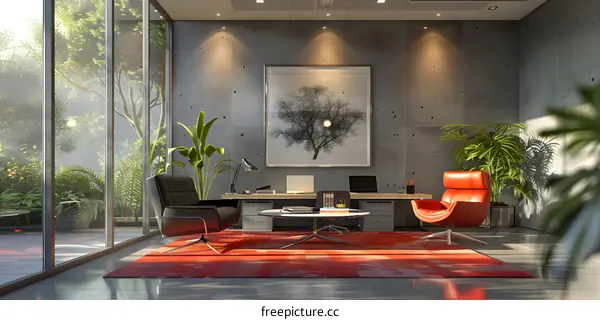 Modern office interior with large windows and a red carpet