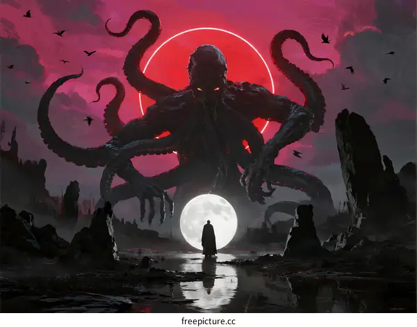 Giant Octopus-like Creature Under Blood Red Moon in Dark Landscape