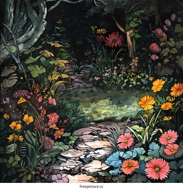 Watercolor Painting of a Forest Path with Flowers