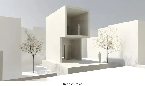 Minimalist Architecture House with Two People and Trees