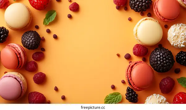 Colorful Macarons and Berries on Orange Background