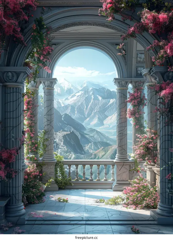 Elegant Fantasy Landscape with Mountains and Flowers
