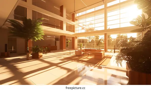 Modern Office Building Lobby with Large Windows and Sunlight
