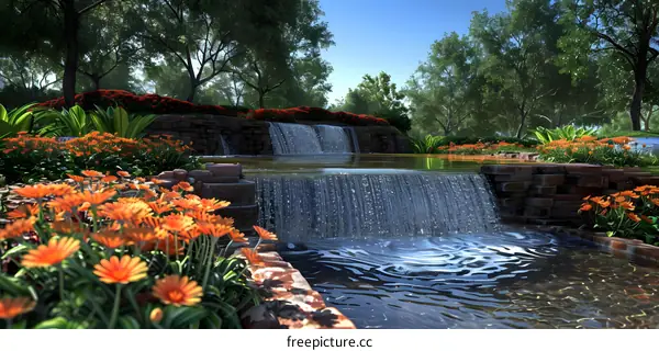 Artificial lake and flowers