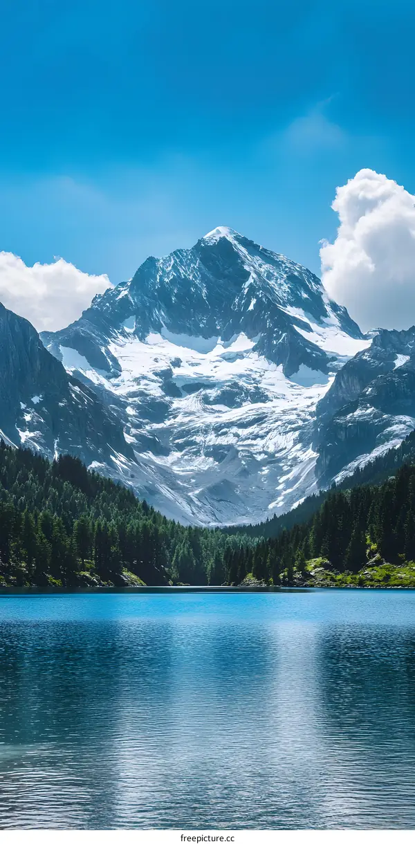 Blue Lake With Mountain Peaks And Lush Trees In The Background