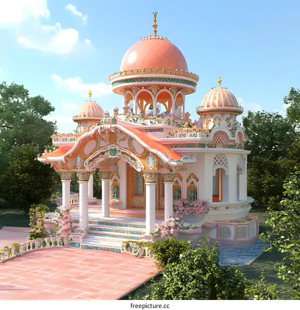 Ornate Pink and White Temple with Intricate Detail