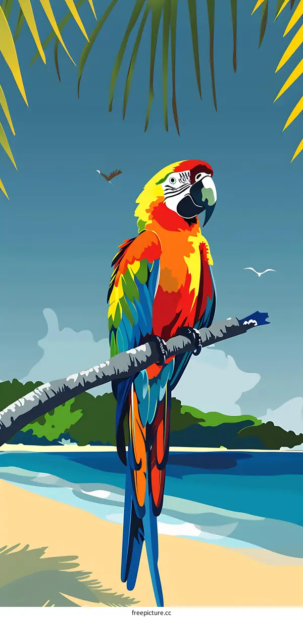 Colorful Parrot Sitting on a Branch With a Tropical Beach Background