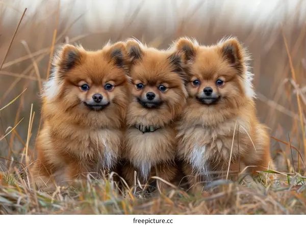 Three fluffy brown Pomeranian dogs sitting in a field of tall dry grass