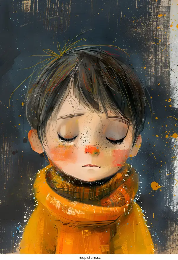 boy with freckles wearing orange scarf looking down