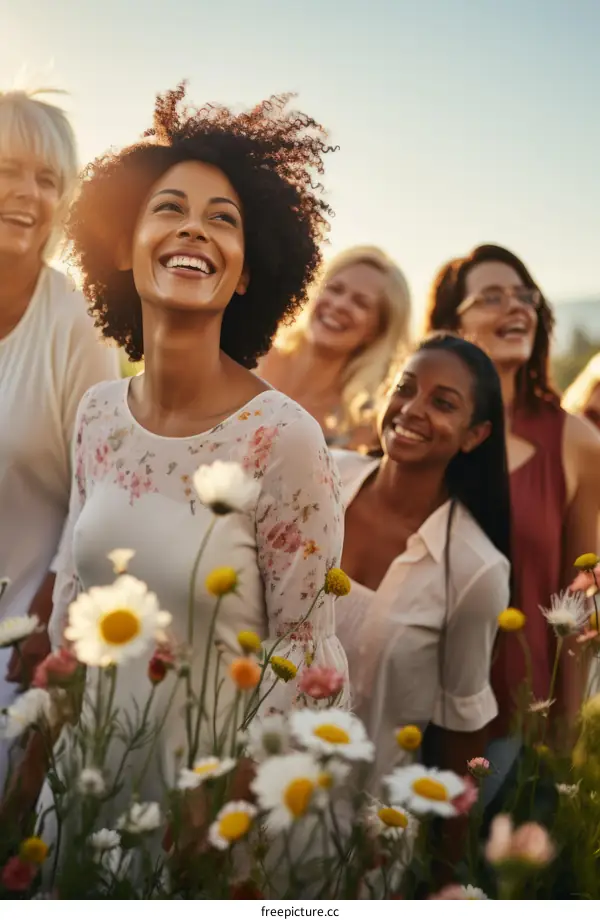 A group of diverse women are standing in a field of flowers, smiling and laughing.
