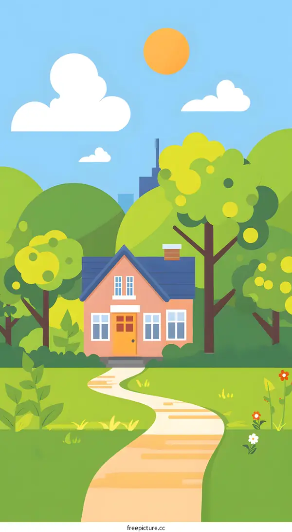 Cartoon Illustration of a House with a Winding Path
