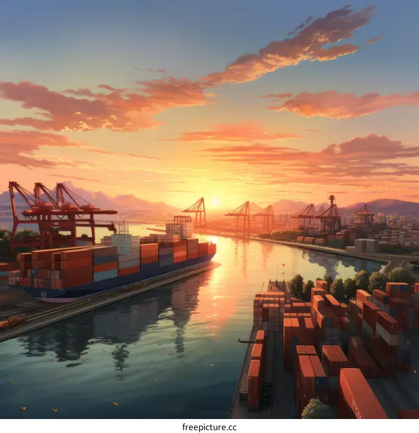 A large container ship is docked at a busy port with the sun setting in the background
