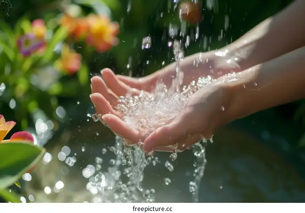 A person's hands are cupped to catch the water from a fountain.
