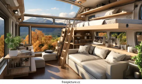 The interior of a modern and cozy camper van with a large window looking out onto a beautiful mountain landscape.