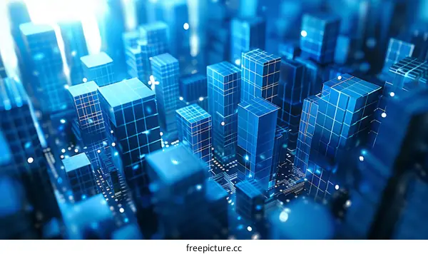 Blue technology background with 3D rendered cityscape