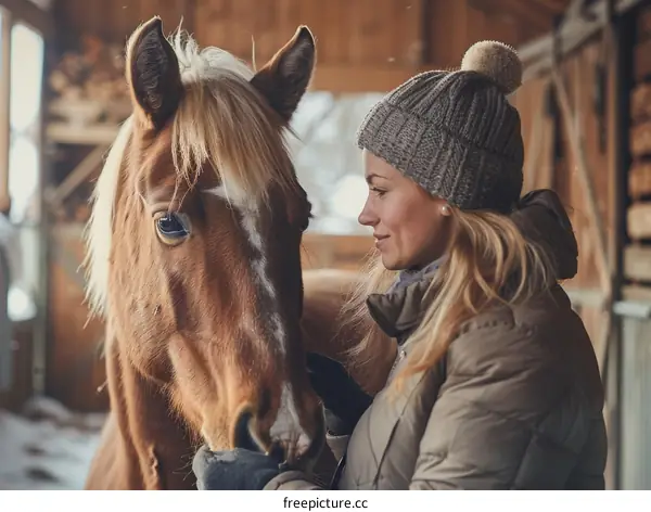 A blonde woman wearing a gray beanie and brown jacket is holding a brown horse by the reins in a barn.