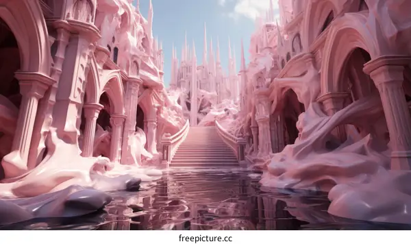 Pink surreal castle with stairs and walkway