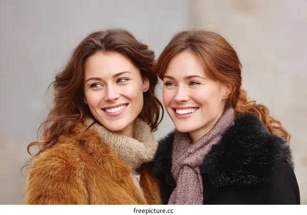 Two Caucasian Women Smiling Outdoors in Autumn Fashion