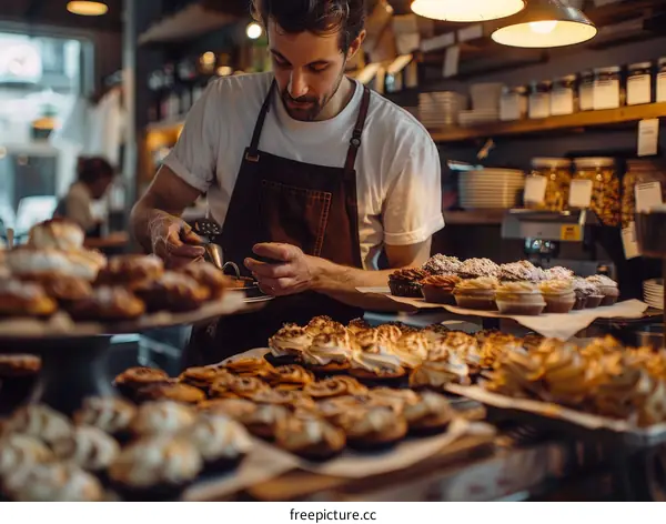 Male baker carefully sprinkling powdered sugar on top of delicious pastries