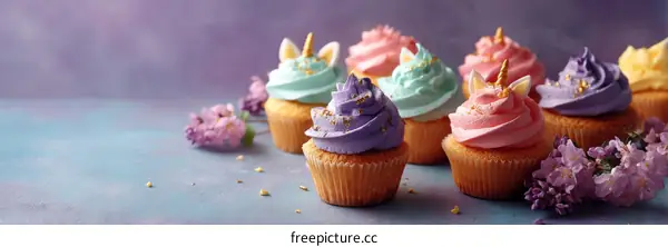 Colorful Unicorn Cupcakes with Sprinkles and Flowers