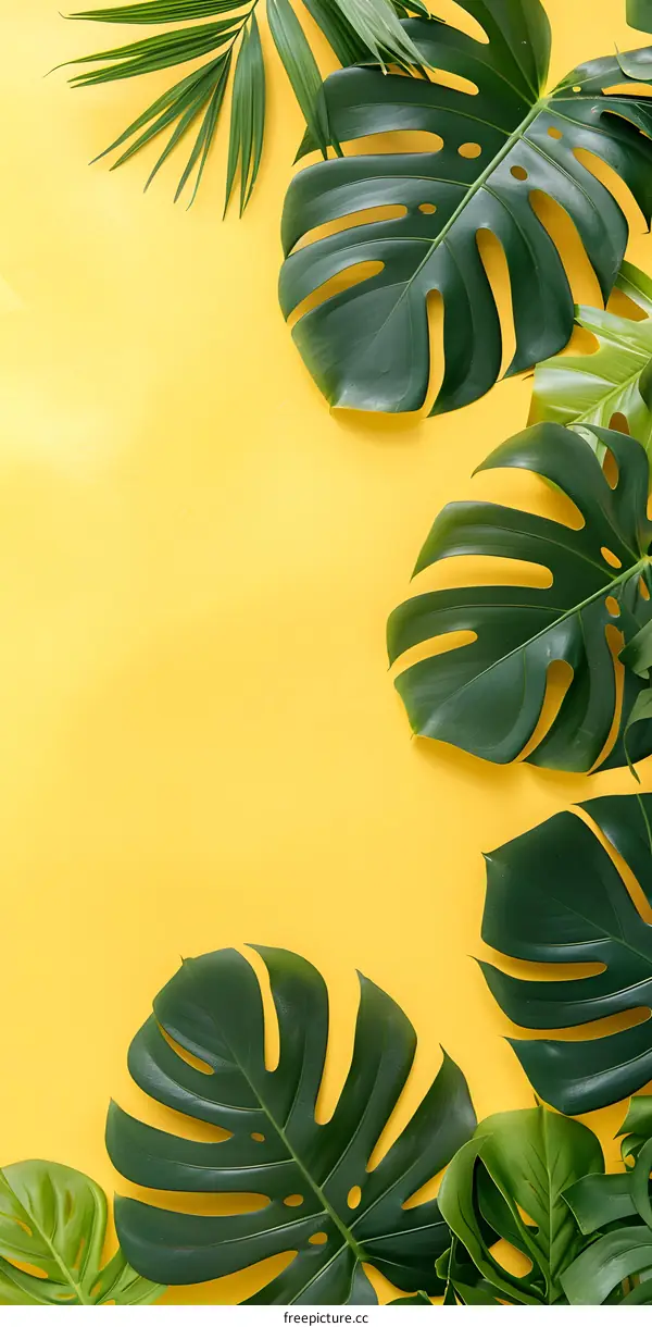 Tropical Monstera Leaves on Yellow Background