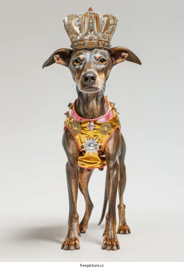 A dog wearing a golden crown and a golden and red vest