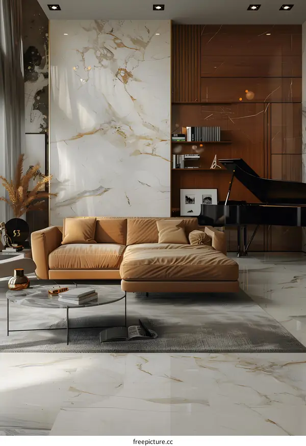 A modern living room with brown leather sofa and black piano