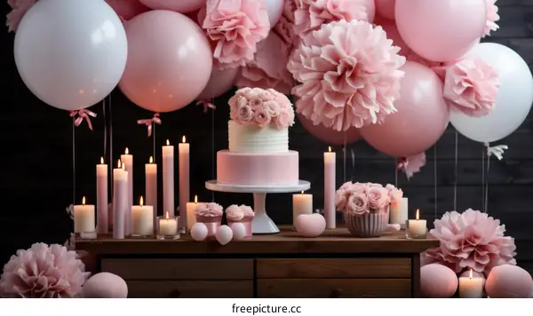 Pink and White Birthday Party Decorations with Cake, Candles, and Balloons