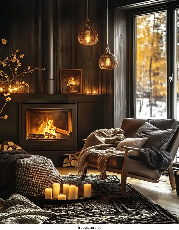 Cozy Rustic Living Room with Fireplace and Candles
