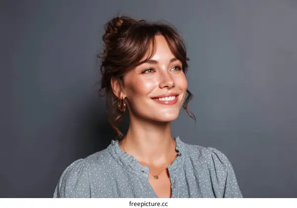 Smiling Woman Portrait Against Gray Background