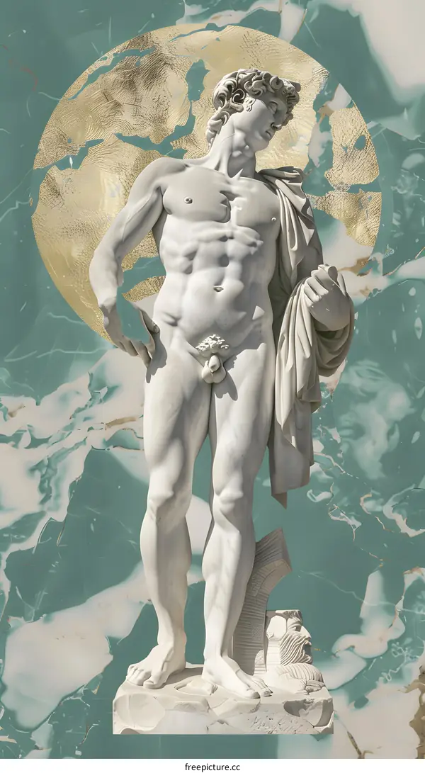 White Marble Statue of a Male Figure with Gold Background