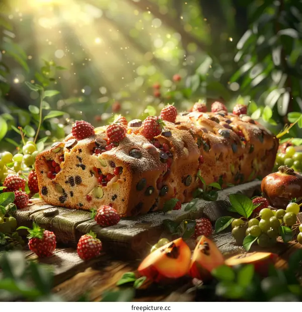 Close-up of a fruit and nut loaf cake on a wooden table