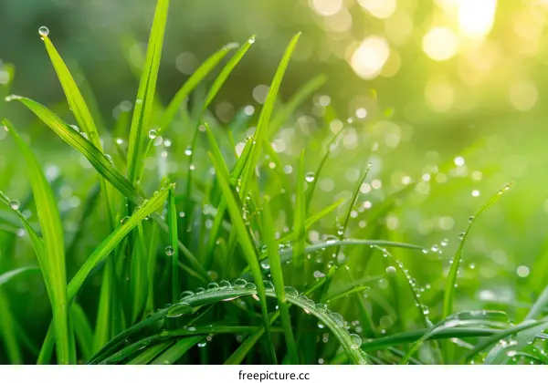 Close-up of green grass with dew drops in the morning sunlight