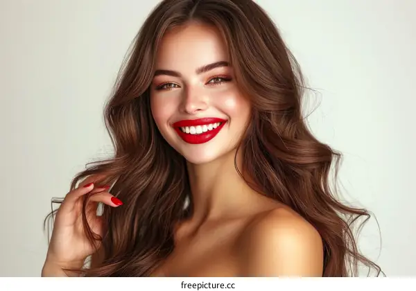 portrait of a beautiful young woman with long brown hair smiling and wearing red lipstick