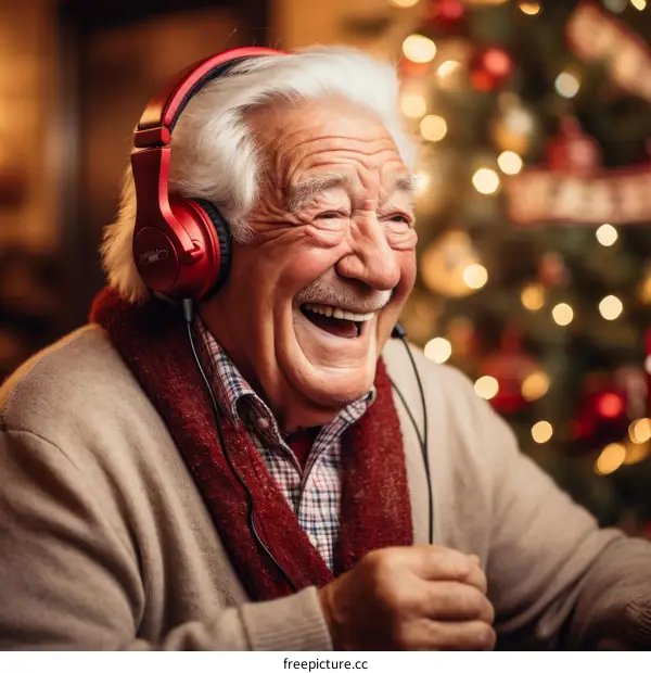 An elderly man is listening to music with headphones on and smiling happily