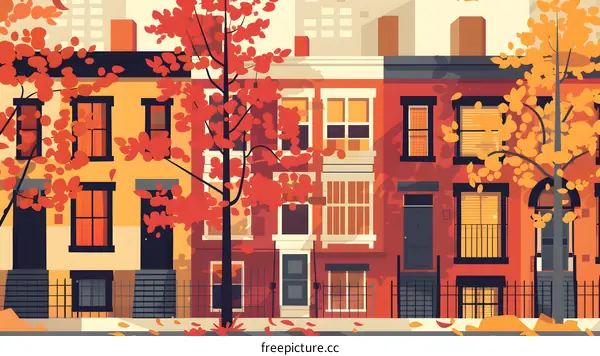 Autumn Townhouses with Colorful Trees