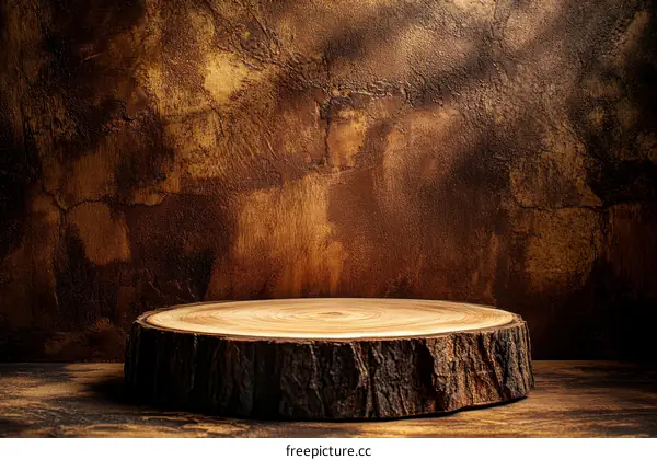Rustic Wooden Slice Display Stand Against a Textured Wall