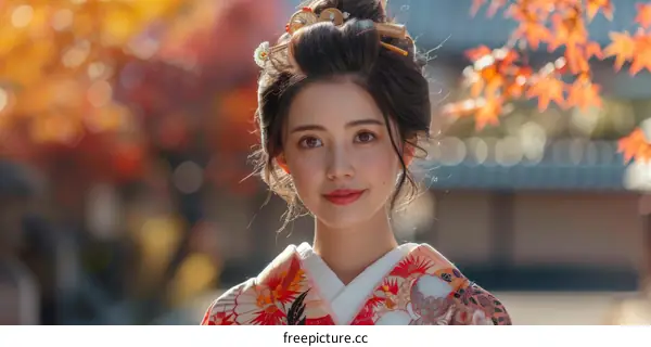 Portrait of a beautiful Japanese woman in traditional kimono