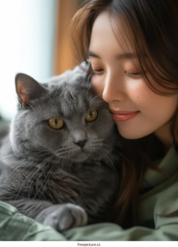 A young woman is sitting on a bed with a gray cat.