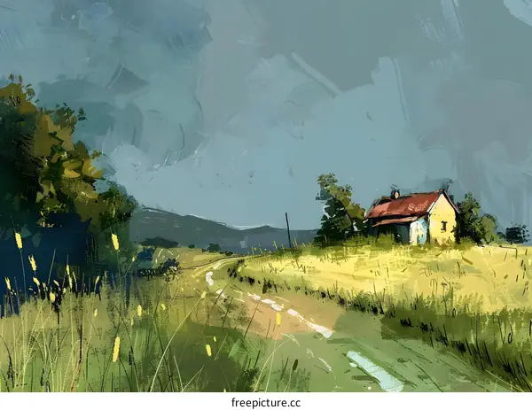 Countryside Painting with a Yellow House and a Winding Road