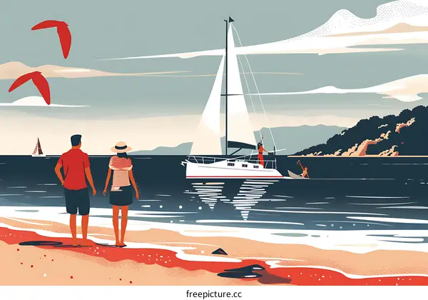 Couple on Beach Watching Sailboat