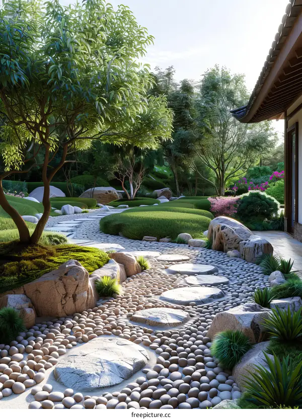Traditional Japanese Garden With Stone Path, Trees And Bushes