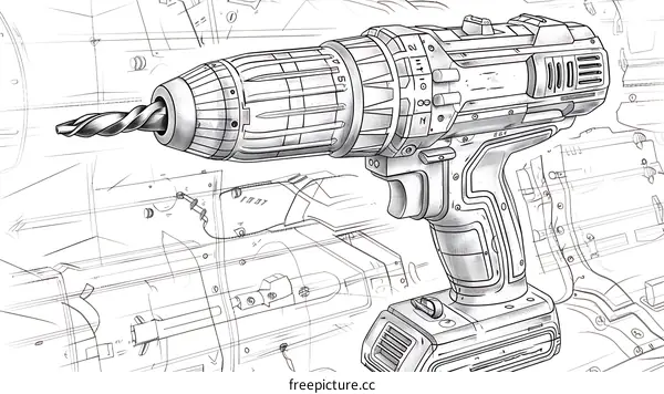 Technical illustration of a cordless drill with blueprints