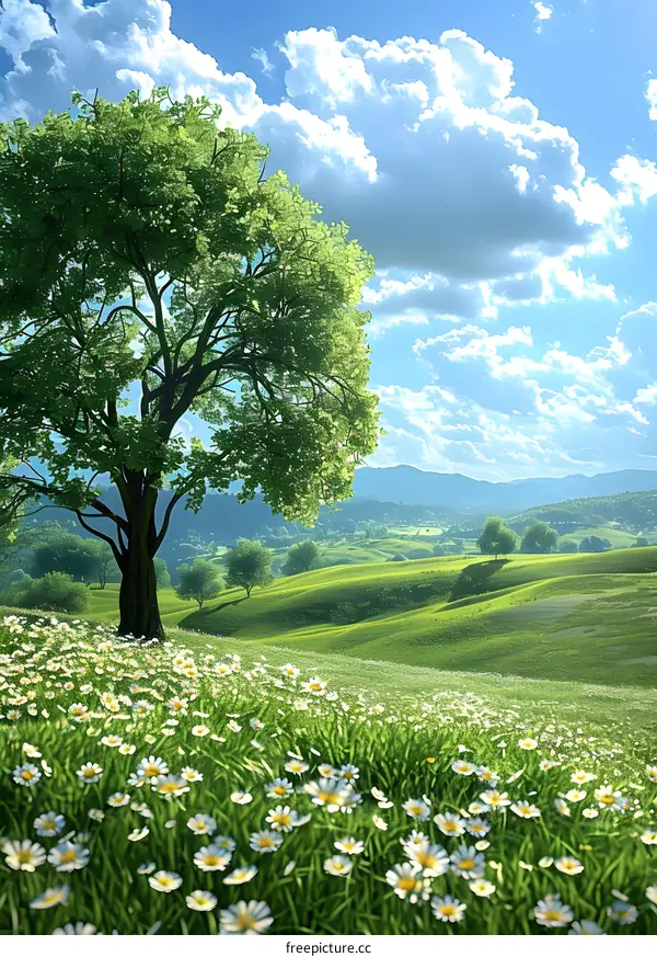 Green rolling hills with a large tree and white flowers