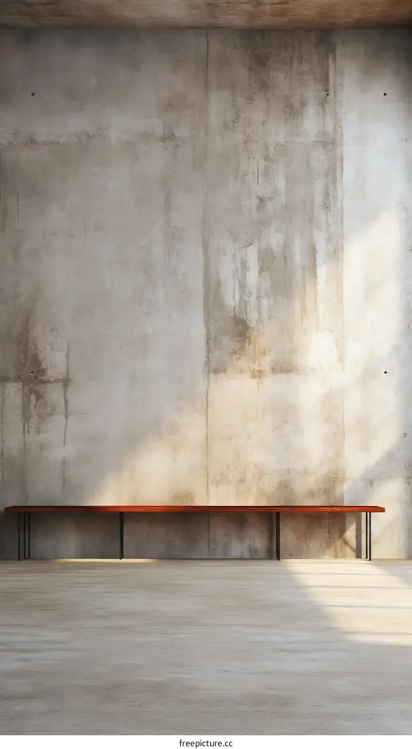 An empty room with a concrete wall and a wooden bench