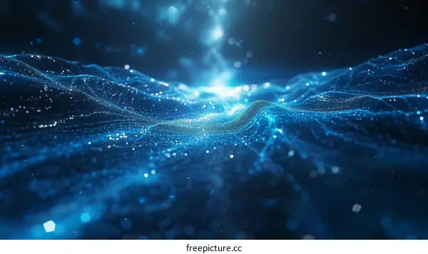 Blue glowing futuristic digital landscape with flowing particles