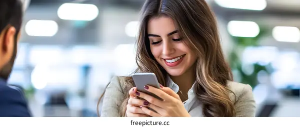 Smiling Woman Using Smartphone In Office