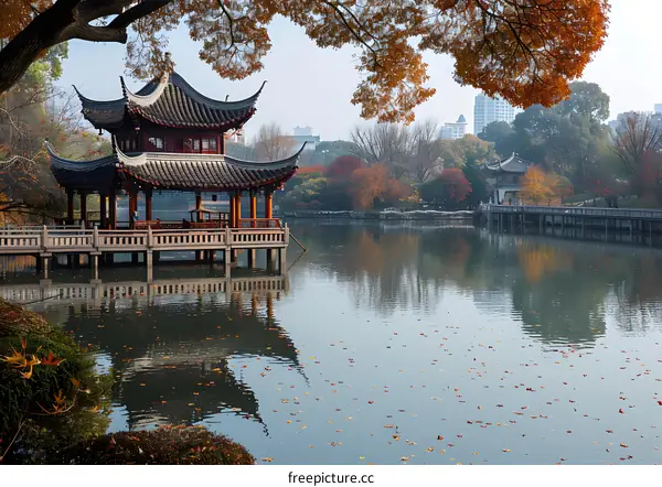 The autumn scenery of the lake and pavilion